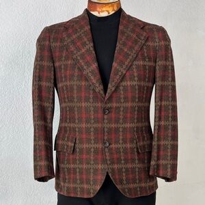 VTG 70s Brown & Red Plaid Wool Blazer - Men's Classic Tailored Jacket